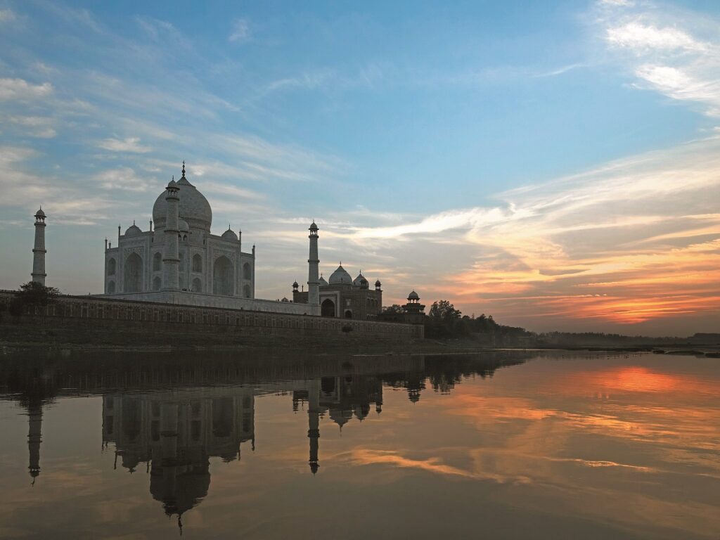 The Taj Mahal near Agra in Rajasthan in Northern India. Sunset