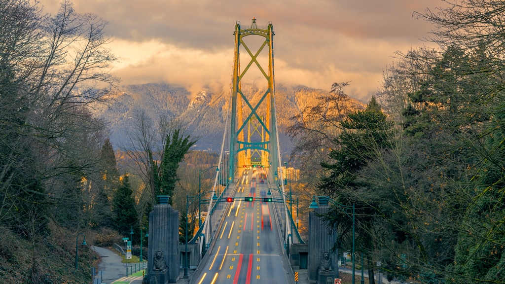Lions Gate Bridge in sunset Vancouver BC Canada
